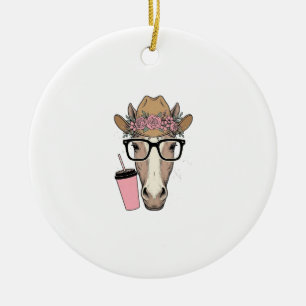 Vintage-Cowgirl-Pferd mit Blumen und rosa Getränk Keramik Ornament