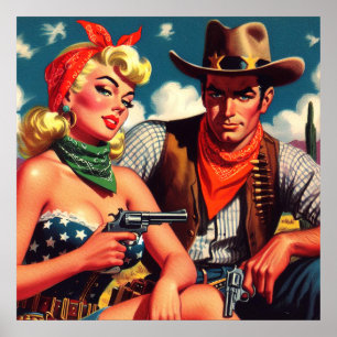 Vintage-Cowgirl und Cowboy Poster