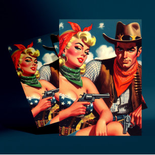 Vintage-Cowgirl und Cowboy Postkarte
