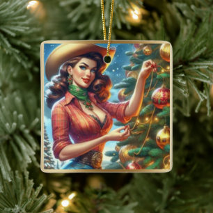 Vintage-Cowgirl-Weihnachten im Western-Stil Keramikornament