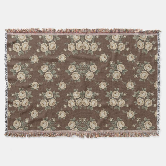 Vintage Cream Roses on Mocha Brown Pattern Decke (Vorderseite)