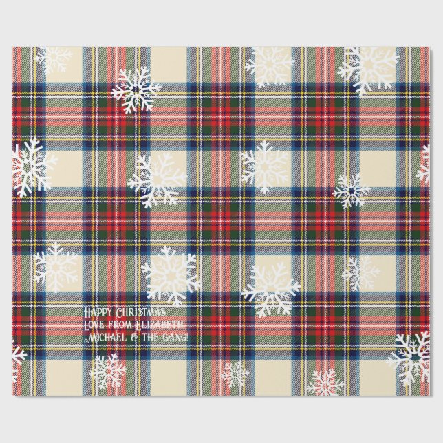 Vintage Creme Tartan Snowflake Personalisierte Wei Geschenkpapier (Flach)