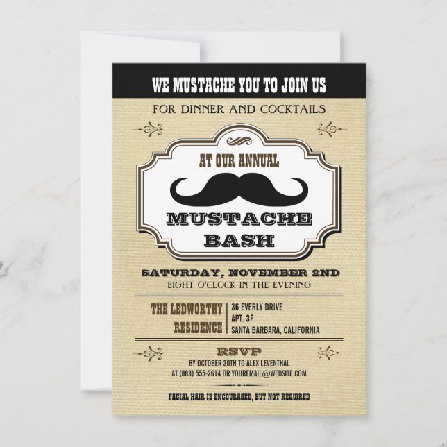 Vintage Creme und Brown Mustache Bash Einladung (Vorderseite)