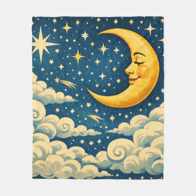 Vintage Crescent Moon Night Sky Fleecedecke (Vorderseite)