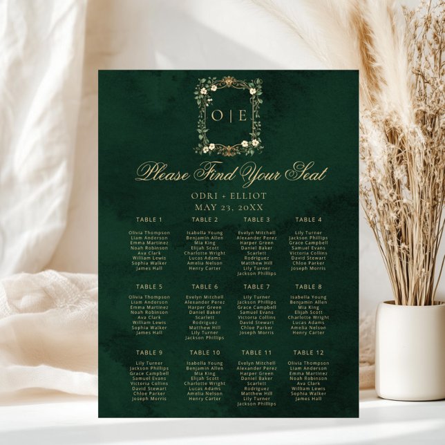 Vintage Crest Monogram Green Gold Wedding Seating Poster (Von Creator hochgeladen)