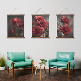 Vintage Crimson Roses Triptych - Moody Botanical Wandteppich Mit Holzrahmen