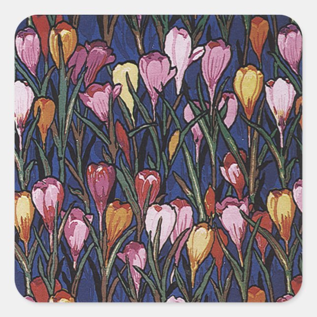 Vintage Crocus Blume im Garten, Blumenmuster Quadratischer Aufkleber (Vorderseite)