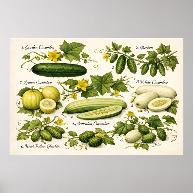 Vintage Cucumber Varieties Botanical Illustration  Poster (Vorne)