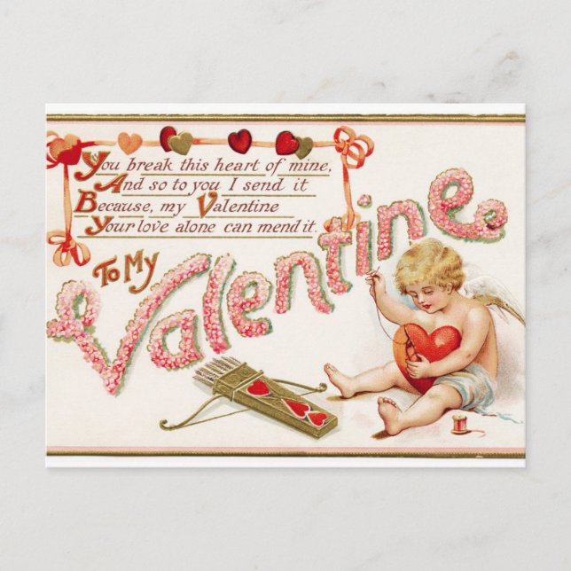 Vintage Cupid Sews Herz Valentine Postkarte (Vorderseite)