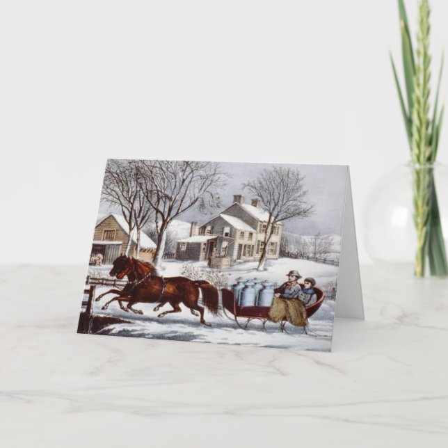 Vintage Currier & Ives Winter Schlittelbahn Feiertagskarte (Vorderseite)