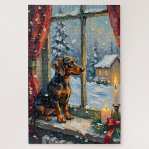 Vintage-Dachshund an gemütlichem Weihnachtsfenster
