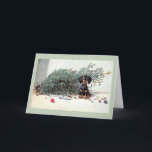 Vintage Dackel gestürzte Weihnachtsbaum-Karte Feiertagskarte<br><div class="desc">Retro/Vintage Weihnachtsgrußkarte.  Entzückendes Dackel-Gefühl schuldig nachdem dem Klopfen über dem Weihnachtsbaum!</div>