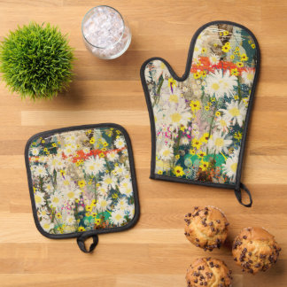 Vintage Daisies - Natur Inspiriert Blumenstrauß - Ofenhandschuh & Topflappen-Set