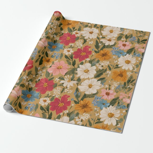 Vintage Daisy Pattern - Mustard Geschenkpapier (Ungerollt)