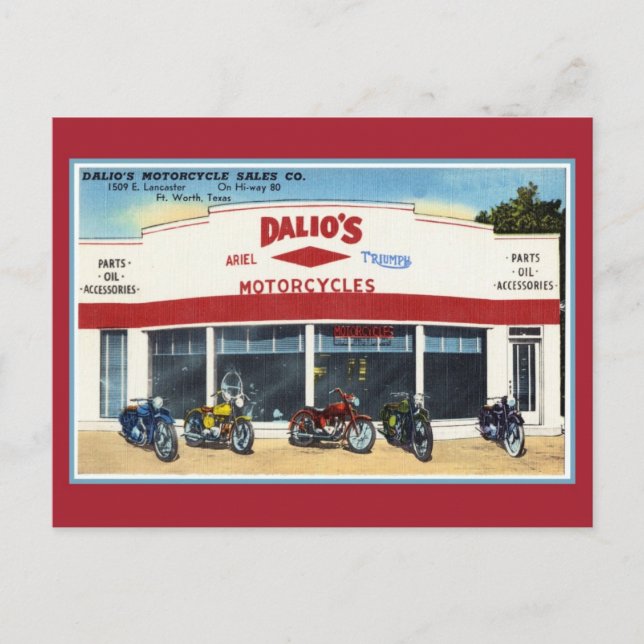 Vintage Dalio Motorräder Fort Worth Postkarte (Vorderseite)