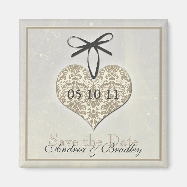 Vintage Damask Heart Monogram Mariage Magnet (Devant)