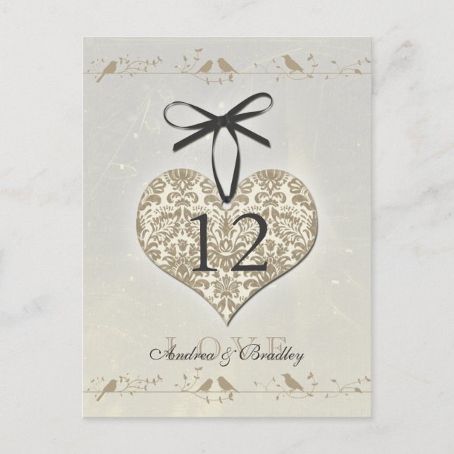 Vintage Damask Heart Silver Gold Numéro de table (Devant)