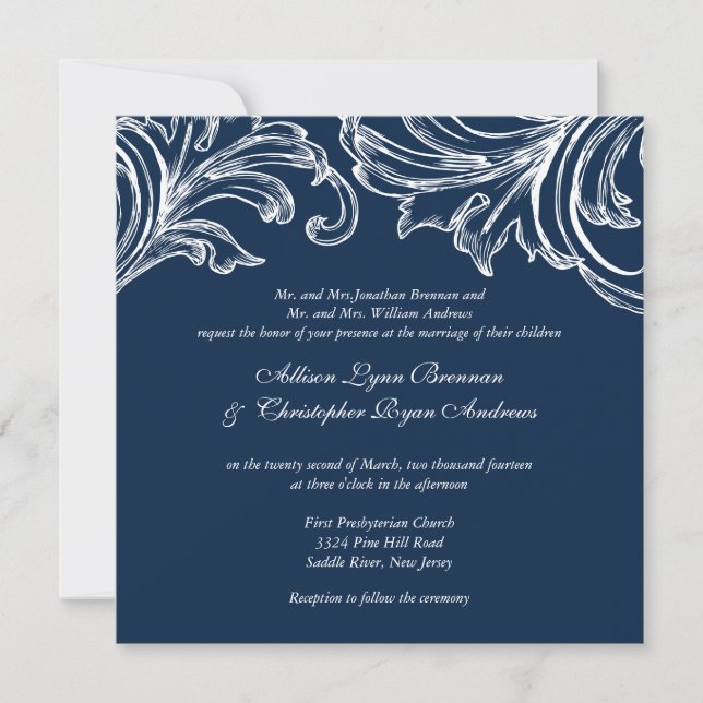 Vintage Damask Hochzeit Einladung Marine Blue Whit (Vorderseite)