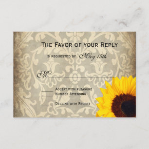 Vintage Damask Rustic Sunflower Wedding RSVP Karte