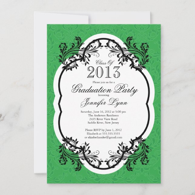 Vintage Damask Stylische Grüne Graduationspartei Einladung (Vorderseite)