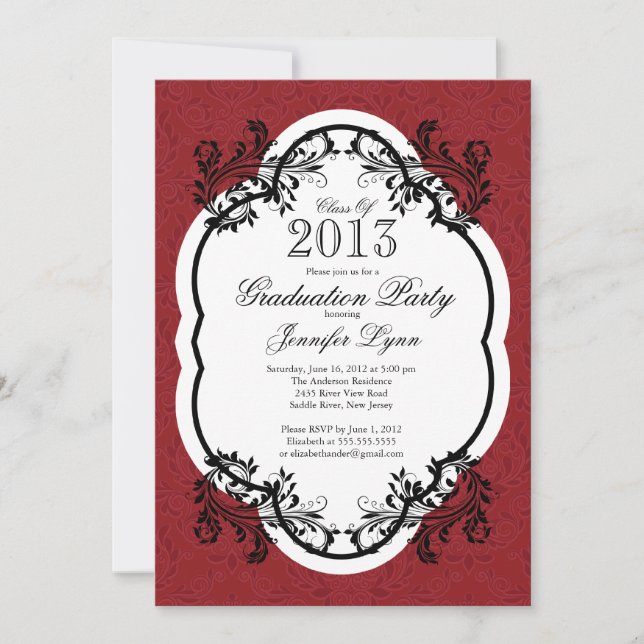 Vintage Damask Stylische Rote Graduation Party Einladung (Vorderseite)