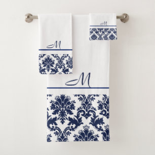 Vintage Damasken in Navy und Weiß, 2 Monogramm Badhandtuch Set