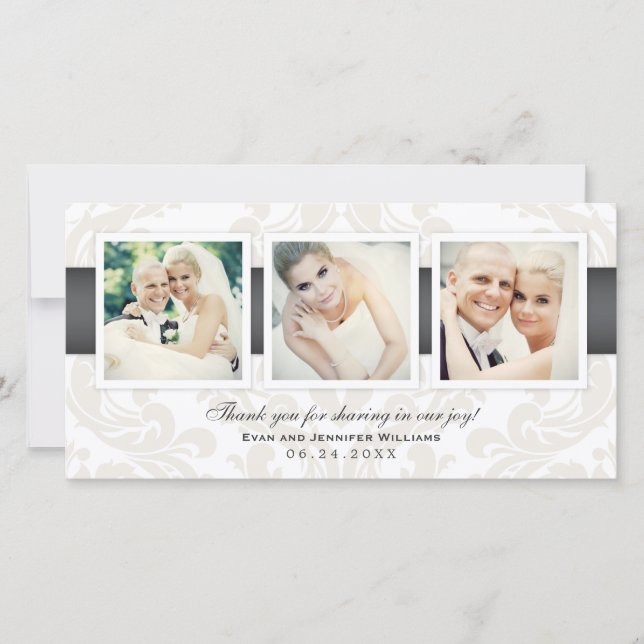 Vintage Damaskop-Pewter-Hochzeitfoto-Collage Dankeskarte (Vorderseite)