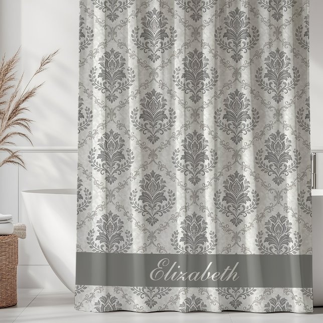 Vintage Damast-Muster Grau Monogramm Name Duschvorhang (Von Creator hochgeladen)