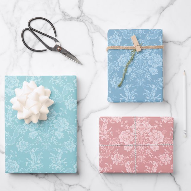 Vintage Damast-Pastell-Minze, rosa, blau Geschenkpapier Set (Vorderseite)
