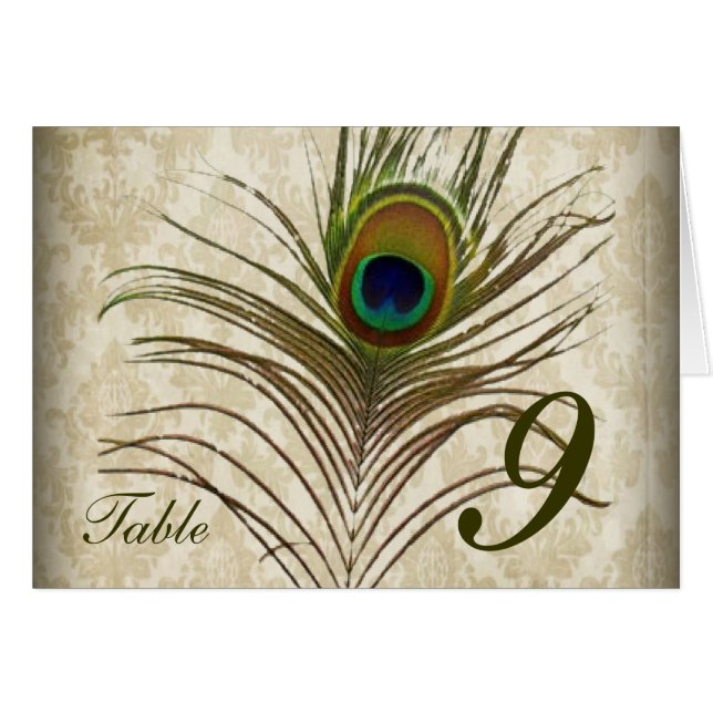 Vintage Damast Pfauenhochzeit Tischnummer (Vorderseite (Horizontal))