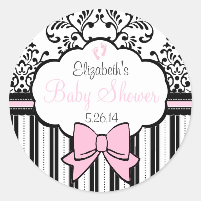 Vintage Damast und Streifen Pink-Babydusche Runder Aufkleber (Vorderseite)