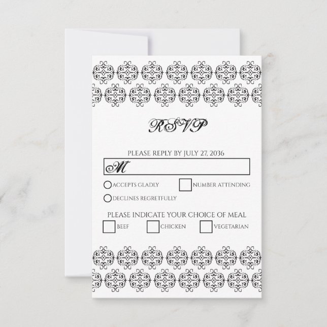 Vintage Damastensehung mit Schwarz-Weiß-Kalligrafi RSVP Karte (Vorderseite)