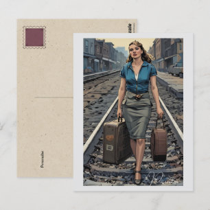 Vintage-Dame Bahnhof Gepäckwagen Koffer Postkarte