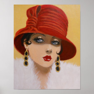 VINTAGE DAME DANS UN CASQUETTE ROUGE, POSTER