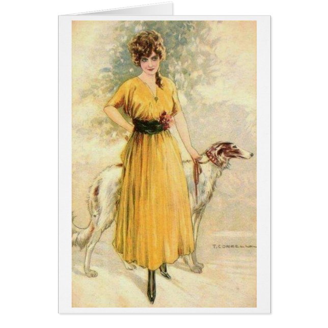 Vintage - Dame en Jaune avec Borzoi, (Devant)