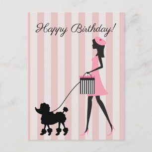 Vintage-Dame führt schwarzen Pudel zum Geburtstag Postkarte