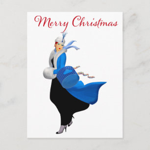 Vintage-Dame in Blau Weihnachtsgruß Postkarte