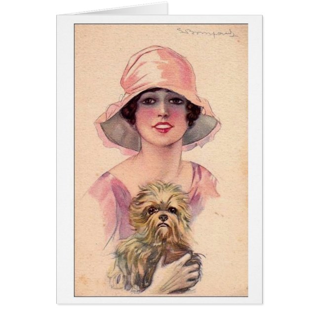 Vintage Dame in Rosa mit Hund, (Vorne)