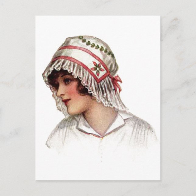 Vintage Dame in Stickerei und Spitzen-Bonnet Postkarte (Vorderseite)