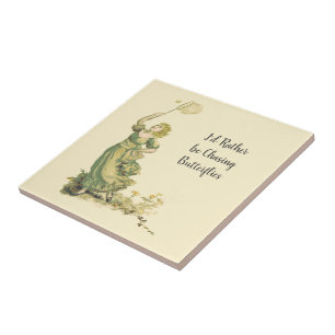 Vintage Dame jagt Schmetterlinge Fliese