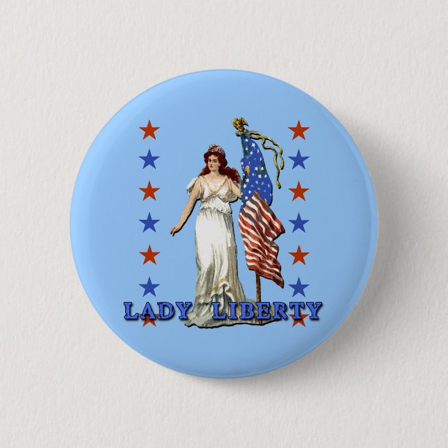 Vintage Dame Liberty mit amerikanischer Flagge Button (Vorderseite)