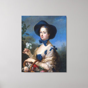 Vintage Dame mit blauem Hut und Blumenkorb Leinwanddruck