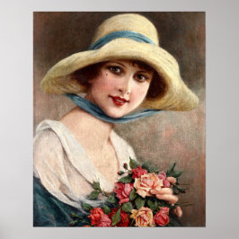 Vintage Dame mit Bouquet aus Rose Poster