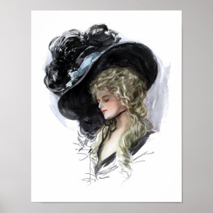 Vintage Dame mit großartigem blauem Hut Poster