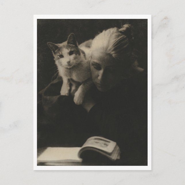 Vintage Dame mit Katze Postkarte Restauriert (Vorderseite)