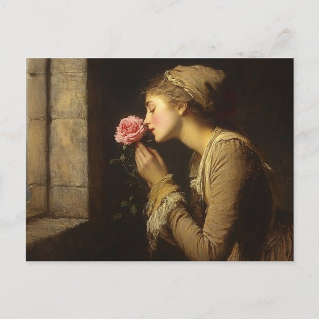 Vintage Dame mit rosa Rosenmalerei Postkarte (Vorderseite)