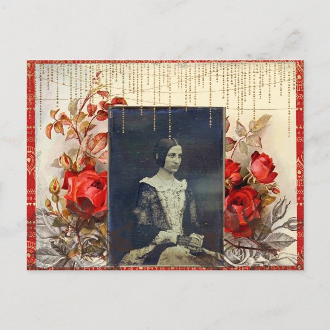 Vintage Dame mit Rote Rosen Postkarte (Vorderseite)