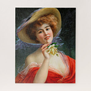 Vintage Dame mit rotem Hut und gelber Rose