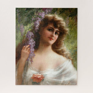 Vintage Dame mit violetten Blumen und Pfirsichblüt