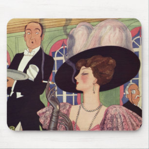 Vintage Dame raucht Zigarette und trinkt Champagne Mousepad